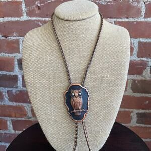 Vintage Bell Trading Co. Solid Copper Owl Bolo Tie Leather Cord Native American